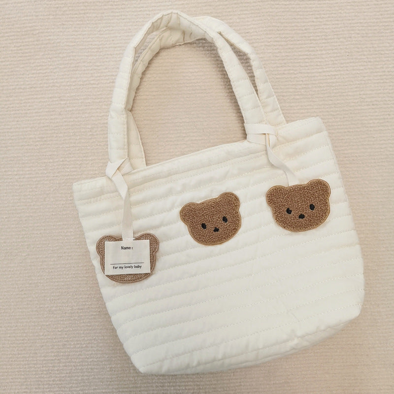 Embroidered Bear Quilted Tote Bag For On-the-go Diaper Storage