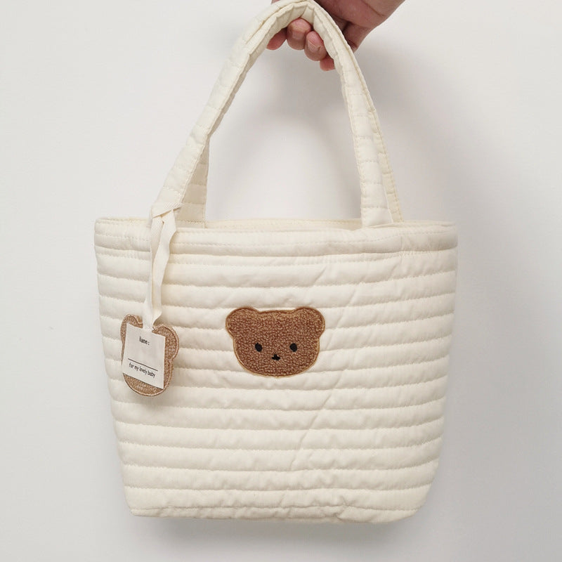 Embroidered Bear Quilted Tote Bag For On-the-go Diaper Storage
